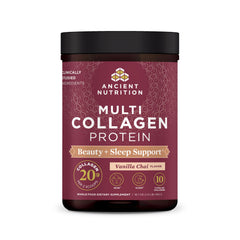 Ancient Nutrition collagen Beauty + Sleep Vanilla Chai tub—ready for daily skin support.