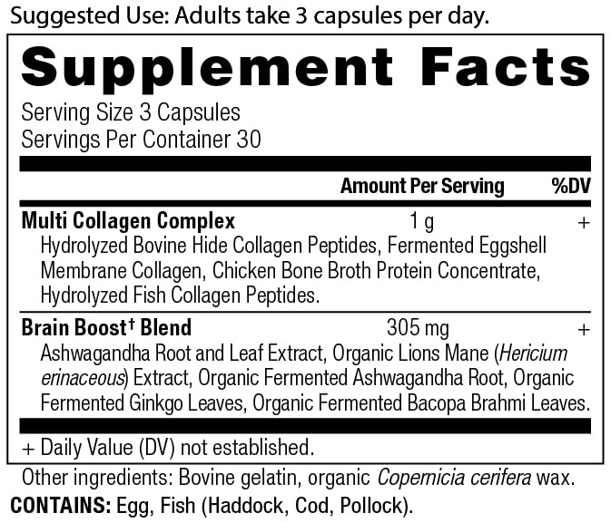 Ancient Nutrition Collagen Brain Boost capsules close-up indicating daily use.