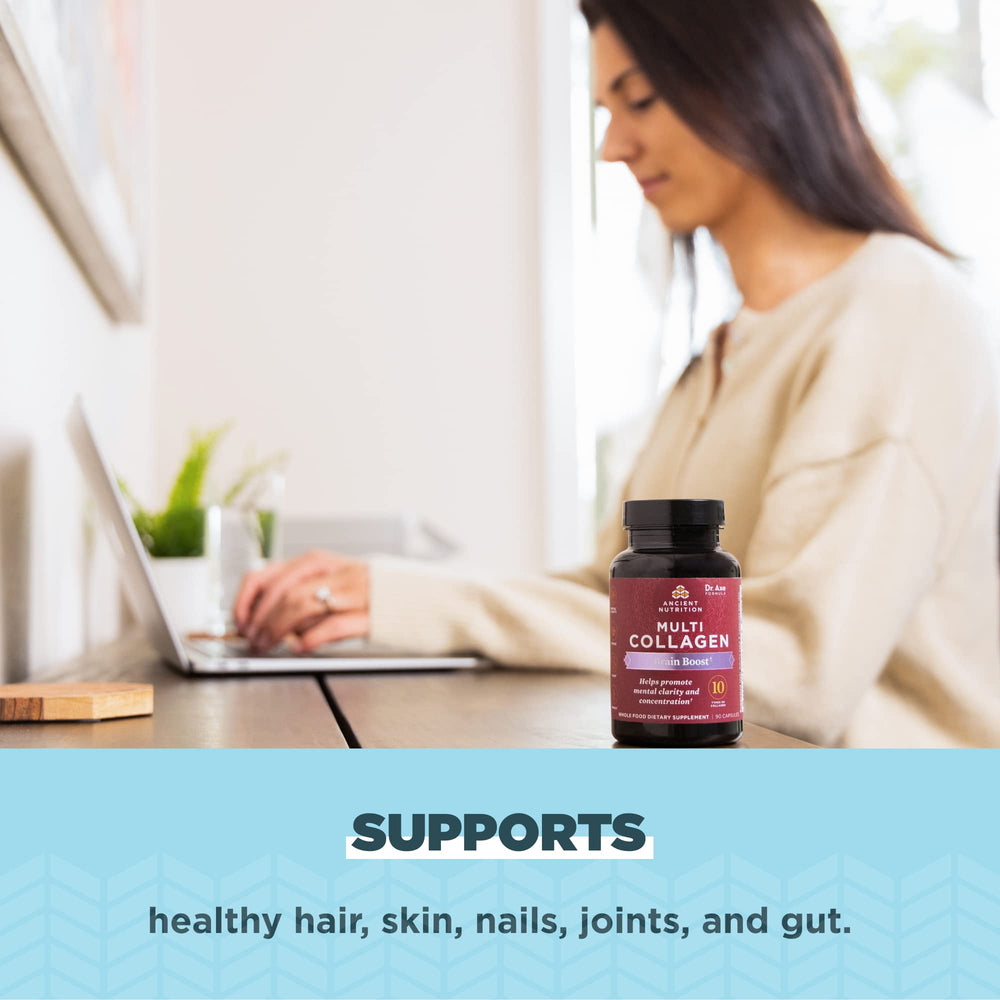 Ancient Nutrition Collagen Brain Boost capsule label detail showing quality ingredients.