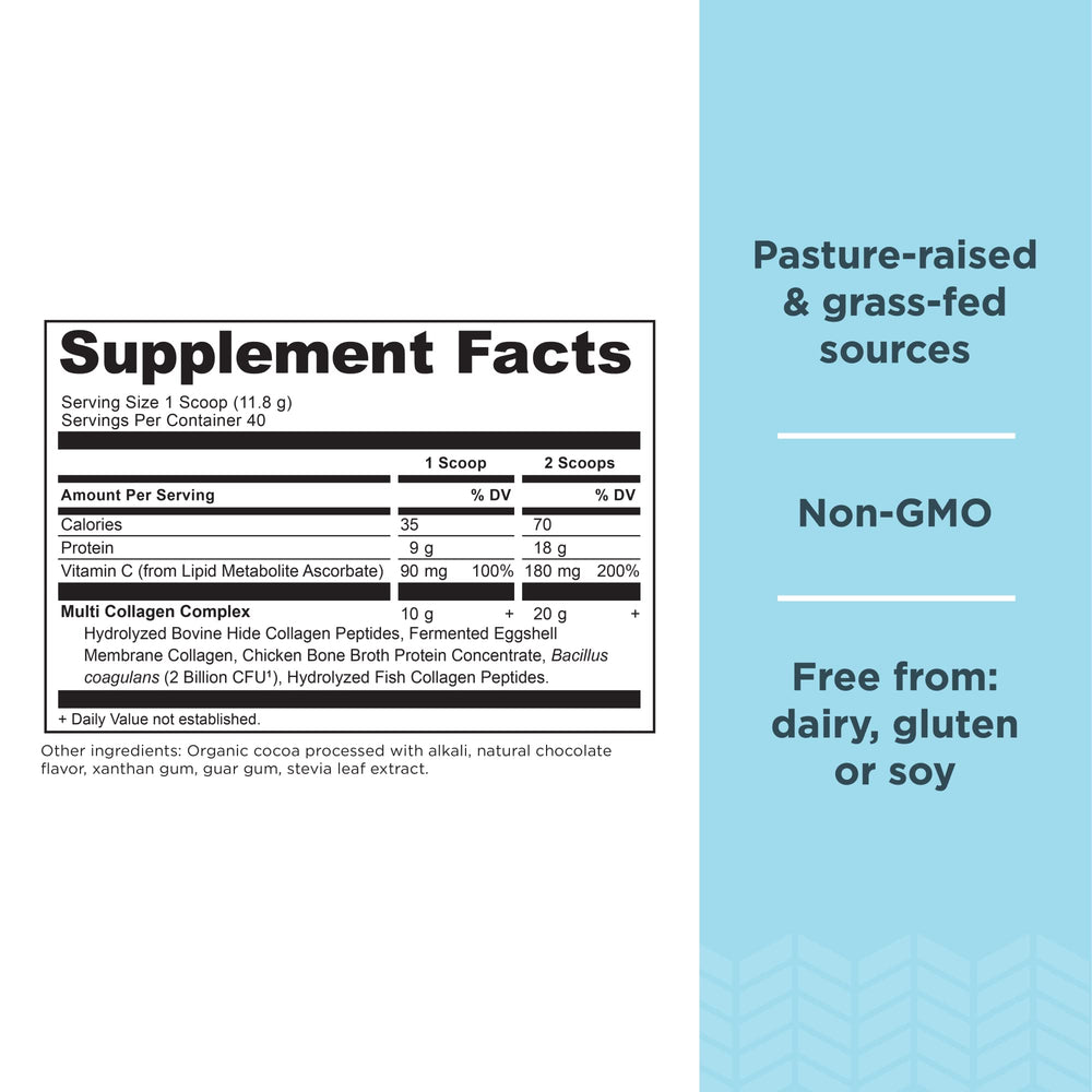Ancient Nutrition collagen chocolate powder scoop for precise measuring and mixing.