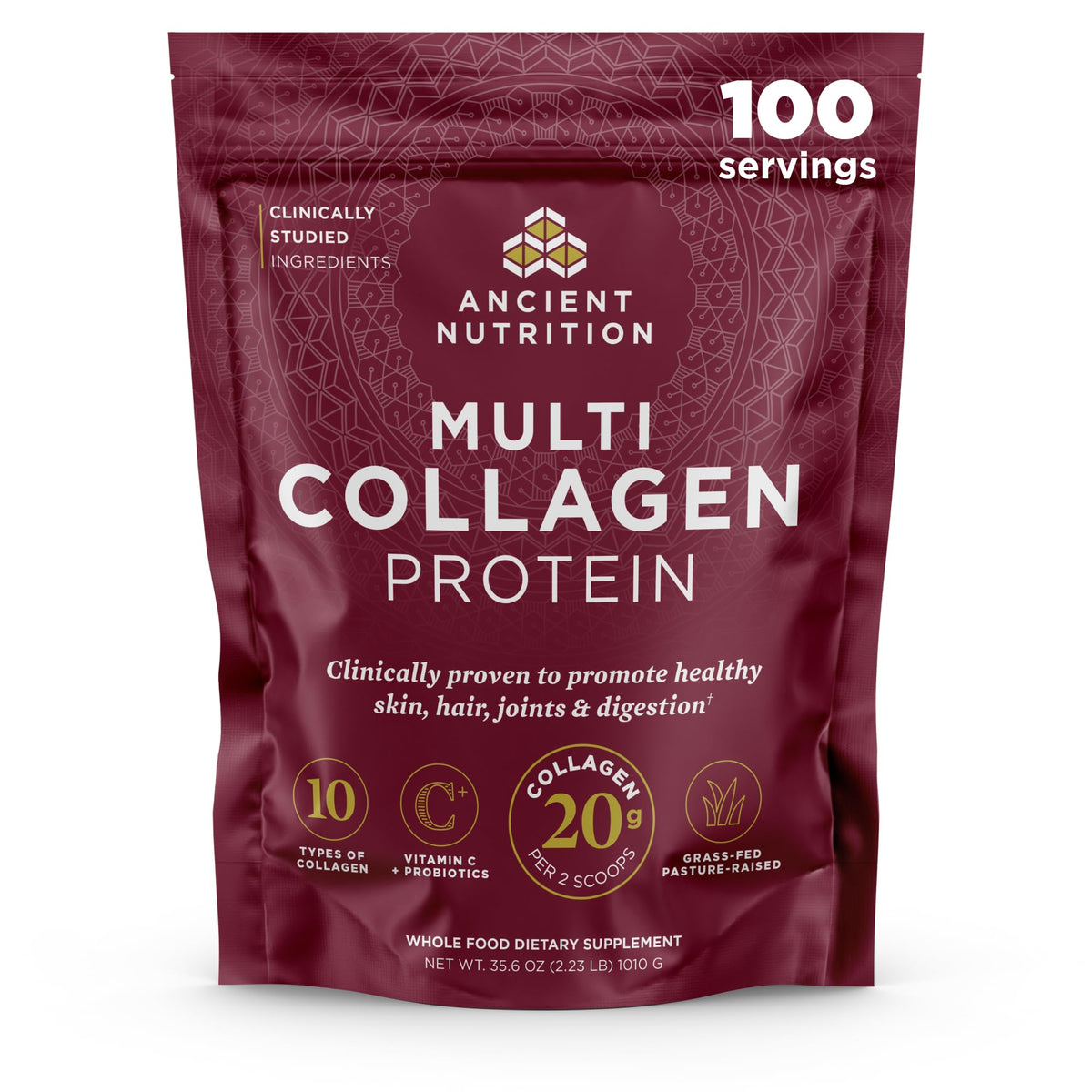 Ancient Nutrition Collagen Peptides bottle front showing multi-source collagen mix for daily support