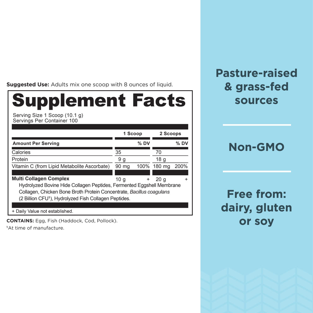 Ancient Nutrition bottle side highlights four real food collagen sources