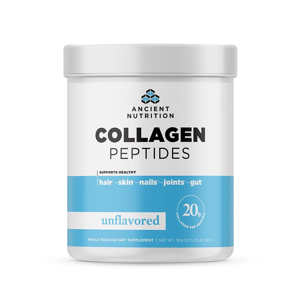 Ancient Nutrition Collagen Peptides bottle showing daily skin, joint, and gut support.