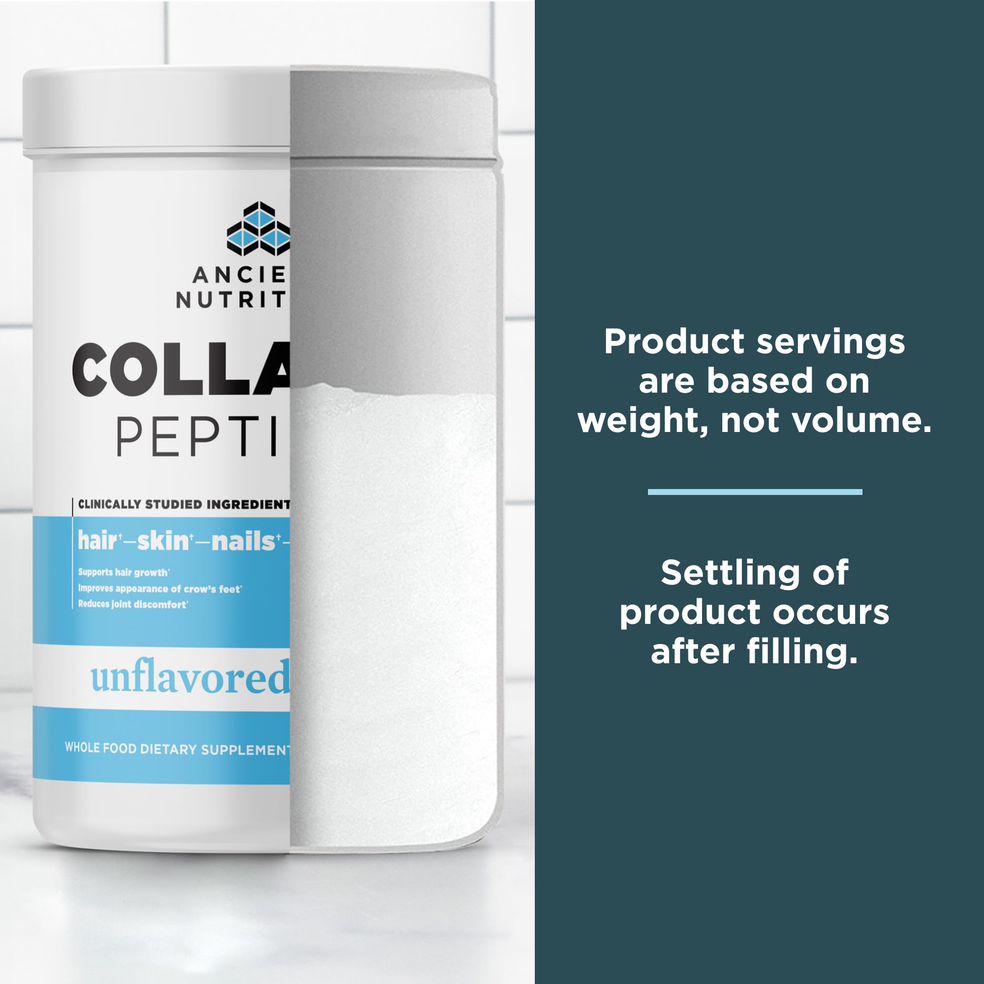 Ancient Nutrition collagen peptides kitchen scene suggests a daily supplement habit.