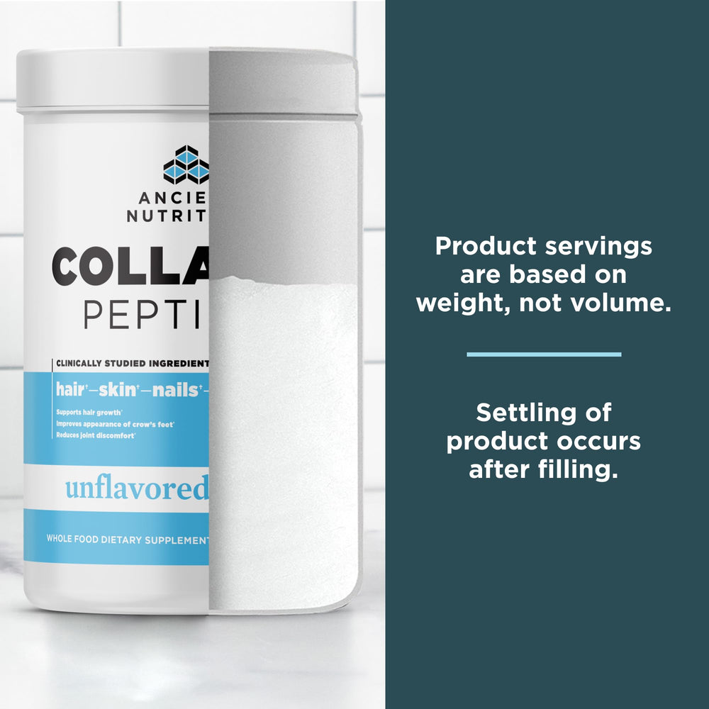 Ancient Nutrition Collagen Peptides packaging with 38 servings and five collagen types highlighted.