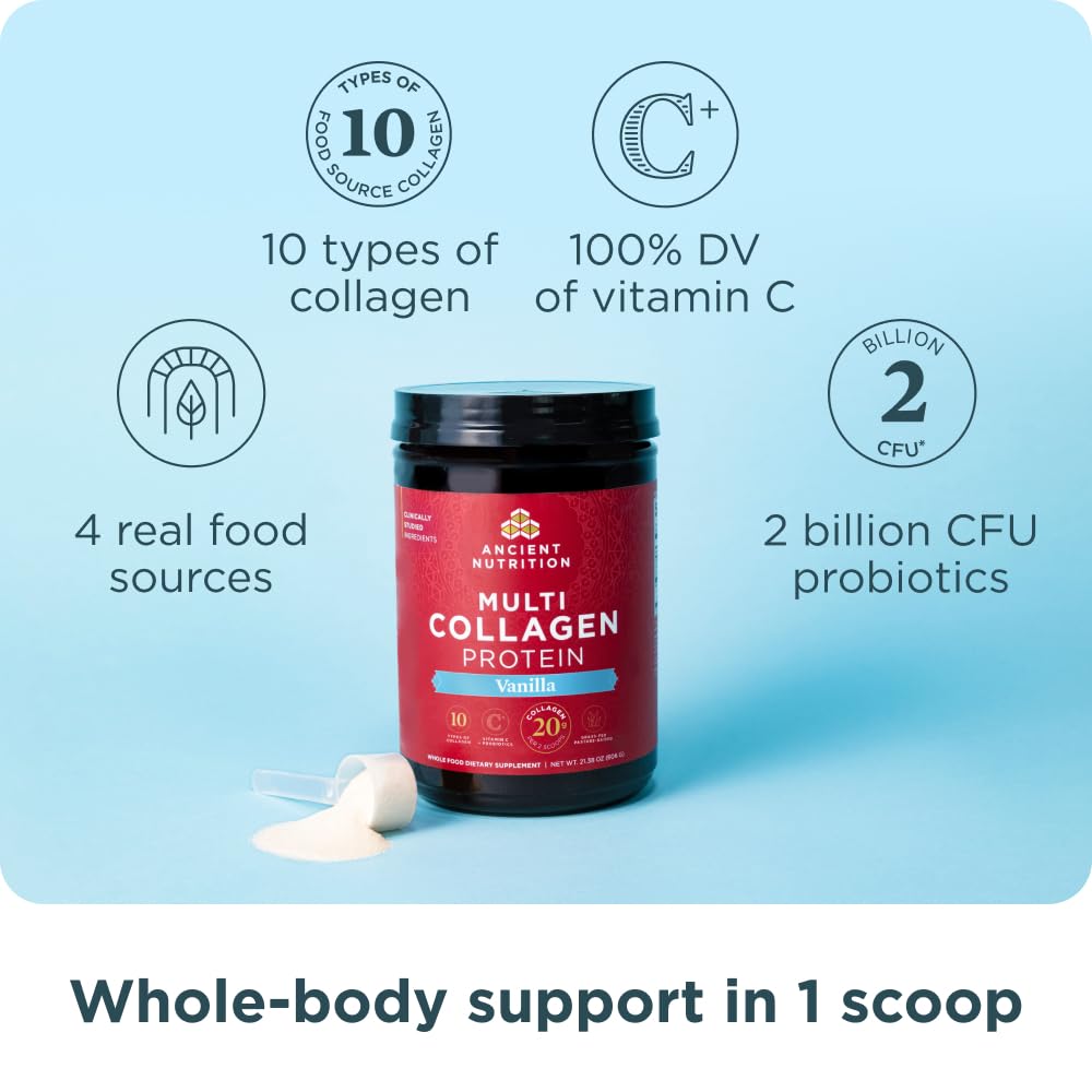 Ancient Nutrition collagen peptides powder in water demonstrates quick dissolve for hot or cold beverages.