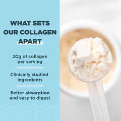Ancient Nutrition Collagen Peptides scoop with powder ready to mix into beverages.