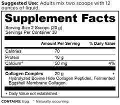 Ancient Nutrition Collagen Peptides label close-up highlighting 20g per serving and unflavored formula.
