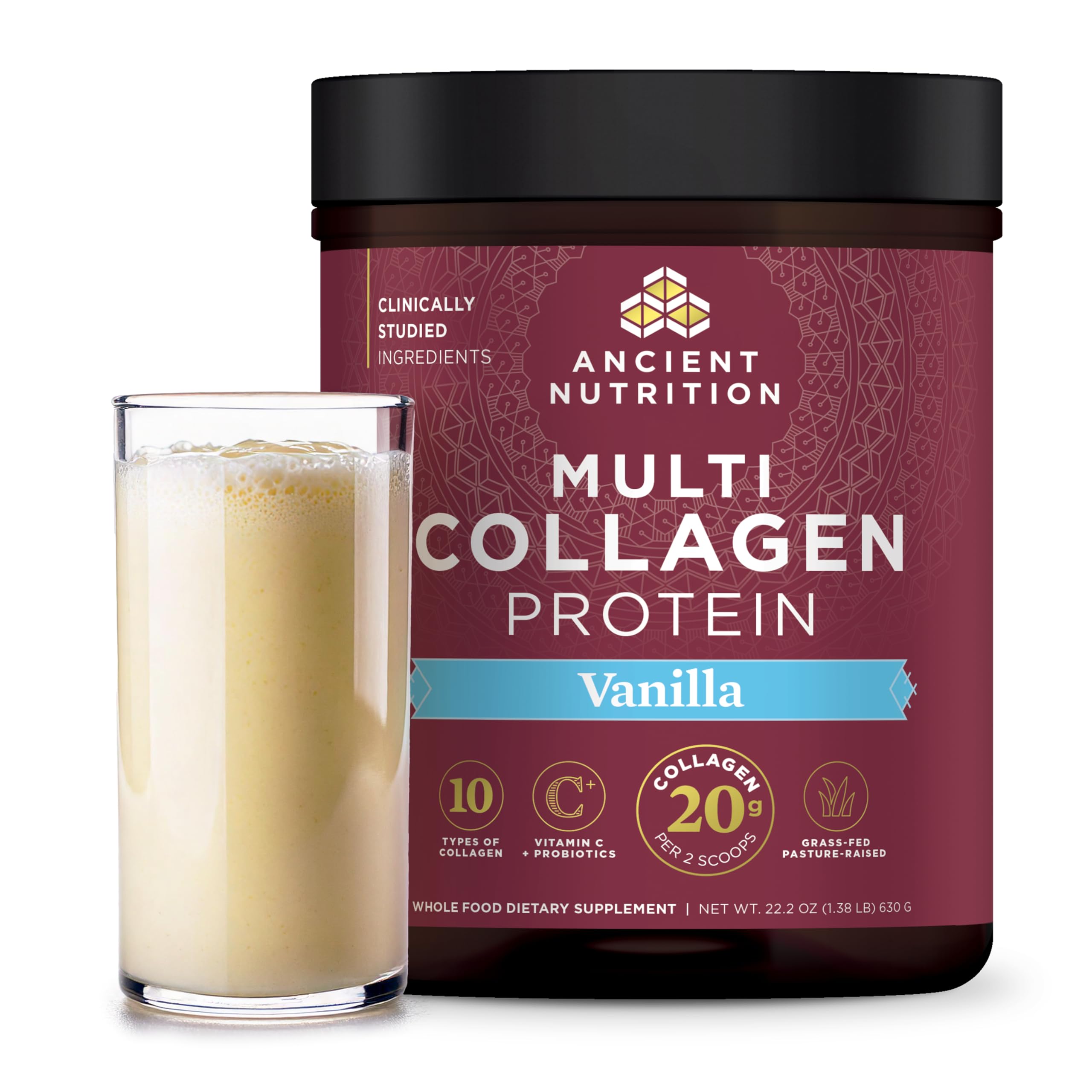Ancient Nutrition collagen peptides vanilla bottle shows 60 servings for skin, joints, and gut support.