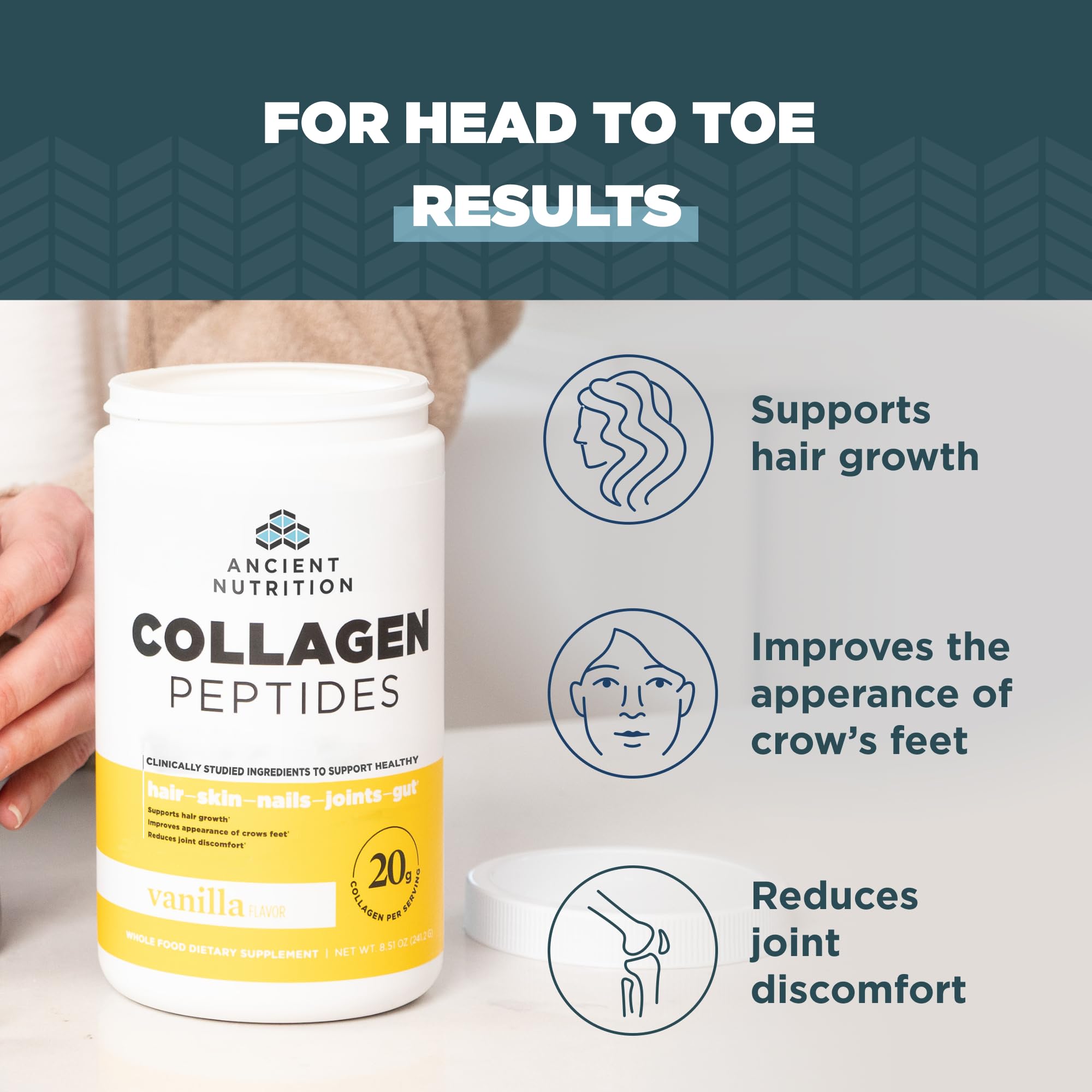 Ancient Nutrition Collagen Peptides Vanilla label close-up shows clean ingredients.