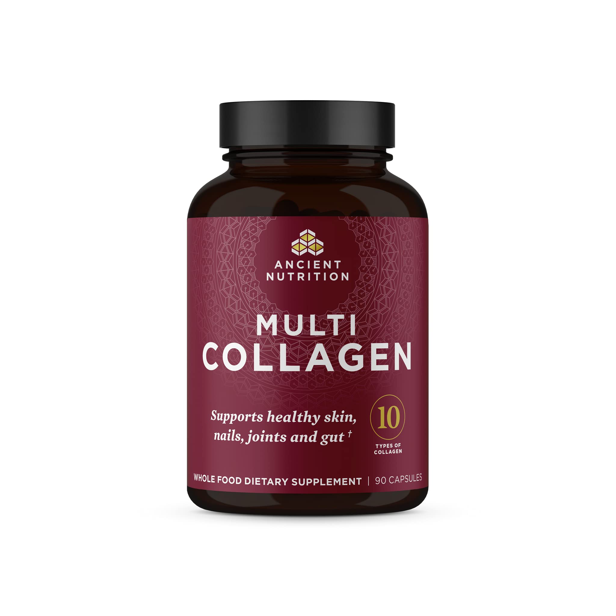 Ancient Nutrition Collagen Pills packaging shows five collagen types and tested quality.