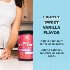 Ancient Nutrition collagen powder being poured into coffee, potential daily brain-boost support.