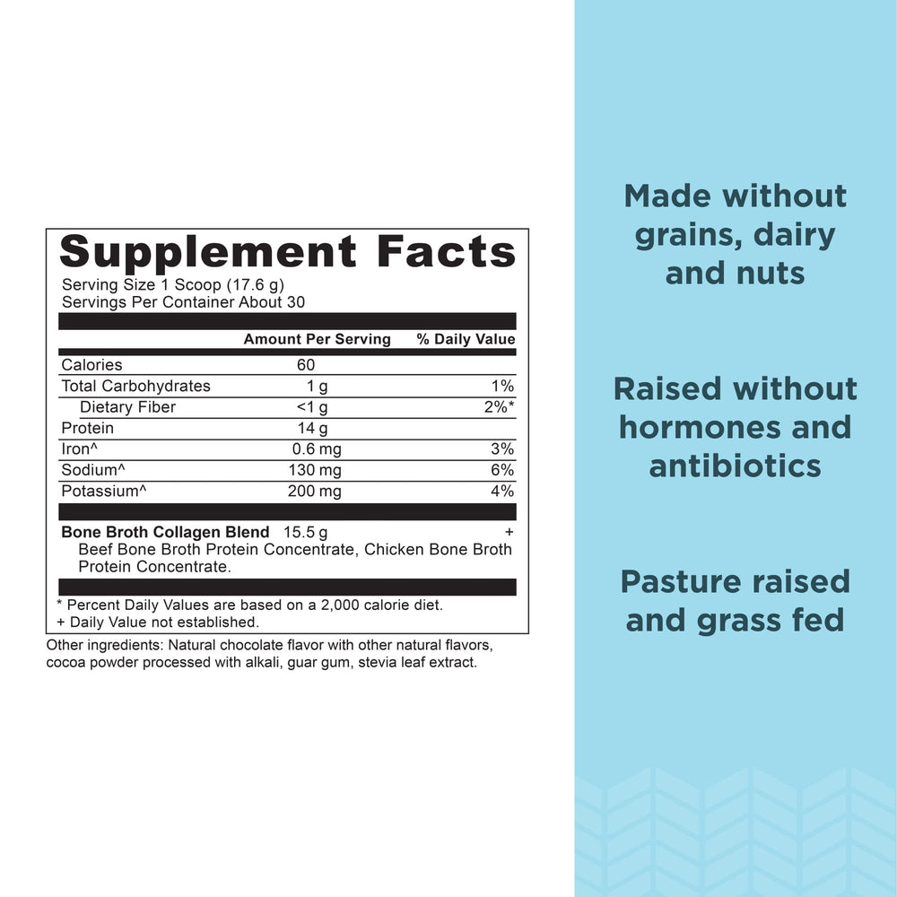 Ancient Nutrition collagen powder chocolate with scoop for convenient daily serving.