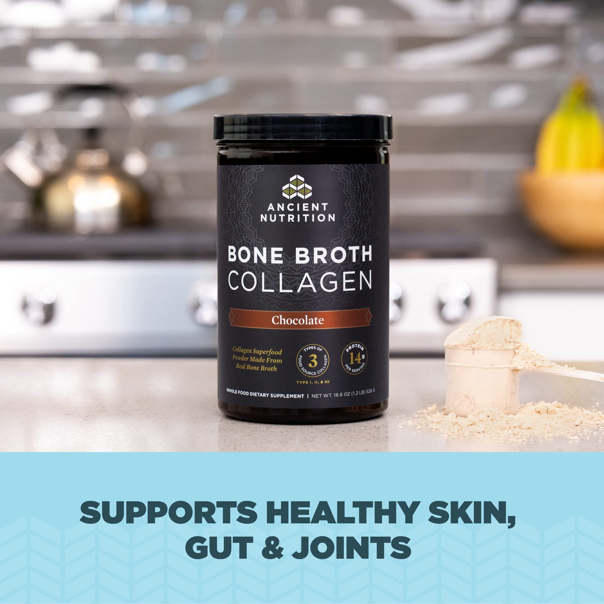 Ancient Nutrition collagen chocolate shake in glass for versatile daily use.