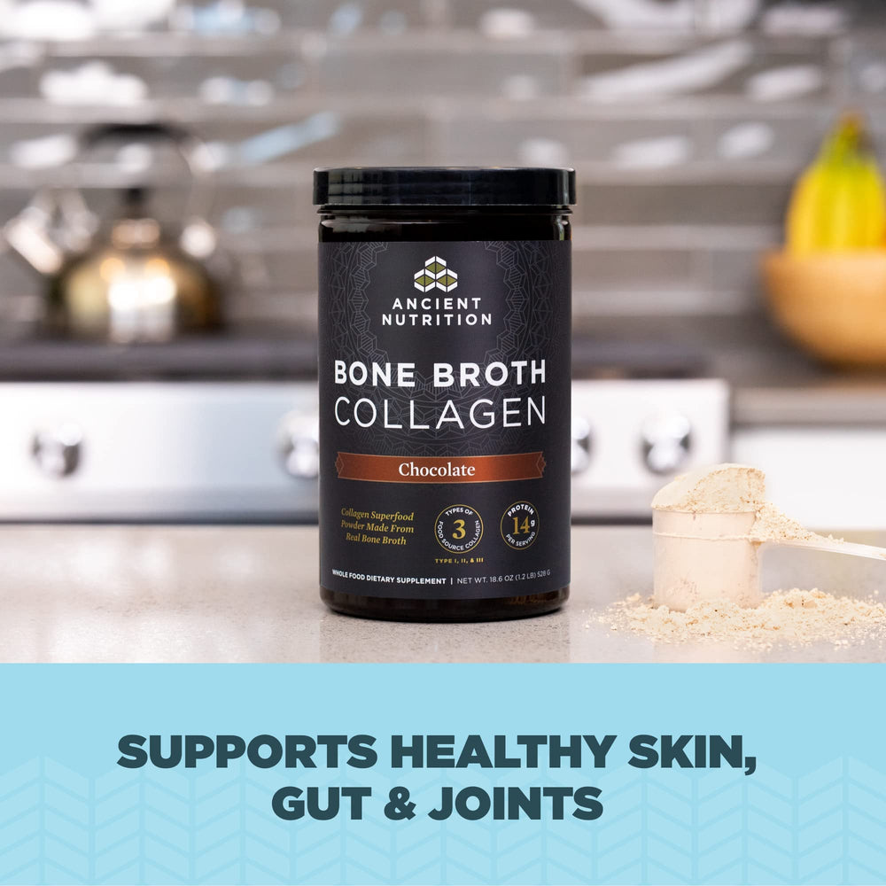 Ancient Nutrition collagen chocolate shake in glass for versatile daily use.