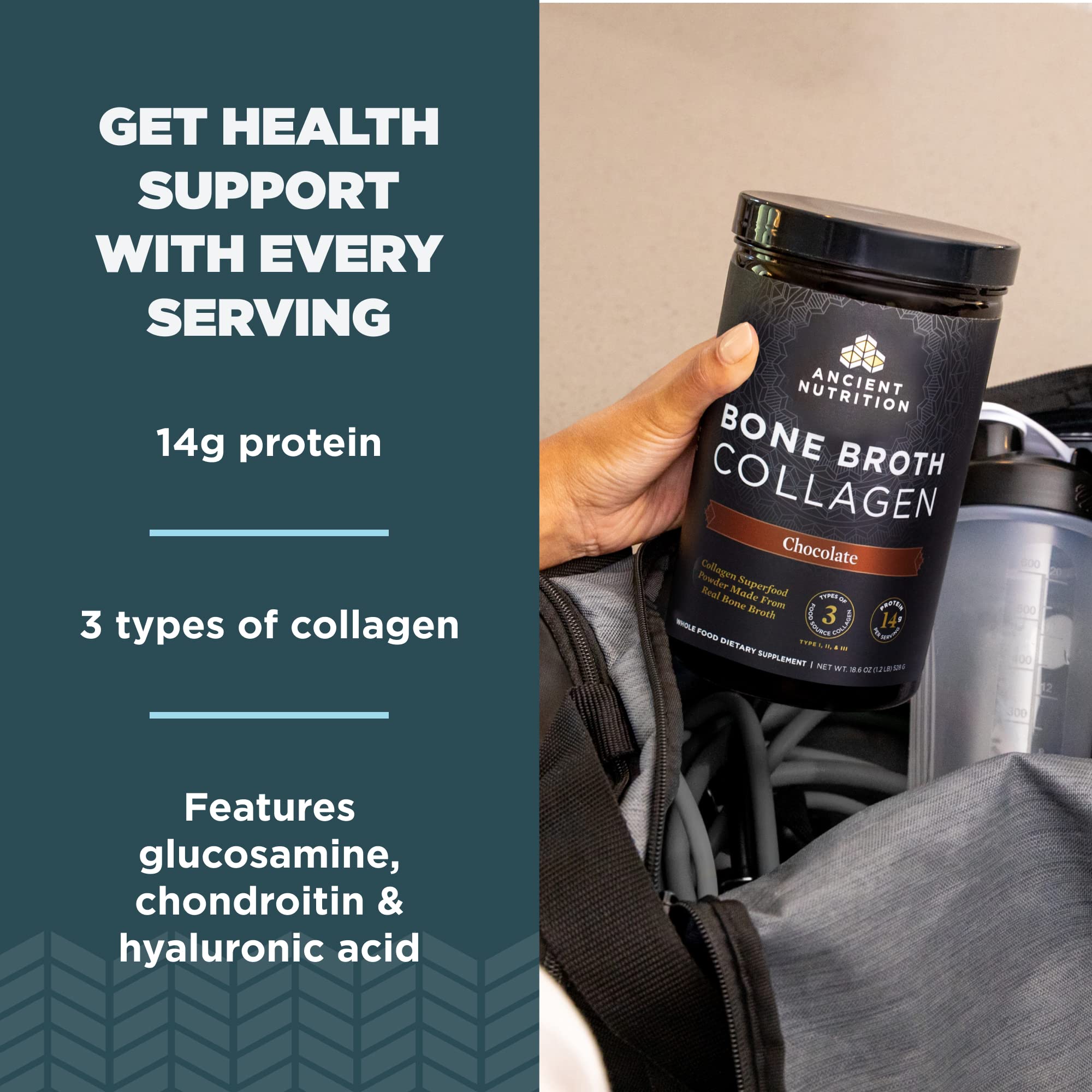 Ancient Nutrition collagen powder texture close-up reveals fine hydrolyzed peptides.