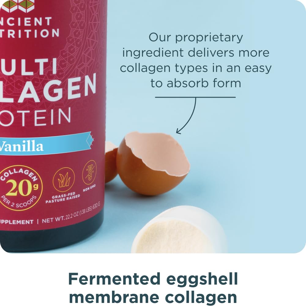 Ancient Nutrition collagen peptides vanilla shake poured into cup supports easy daily use.
