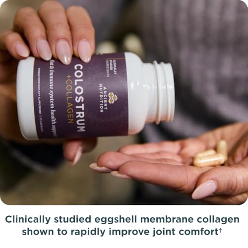 Ancient Nutrition Colostrum capsules closeup highlighting the multi-benefit formula.