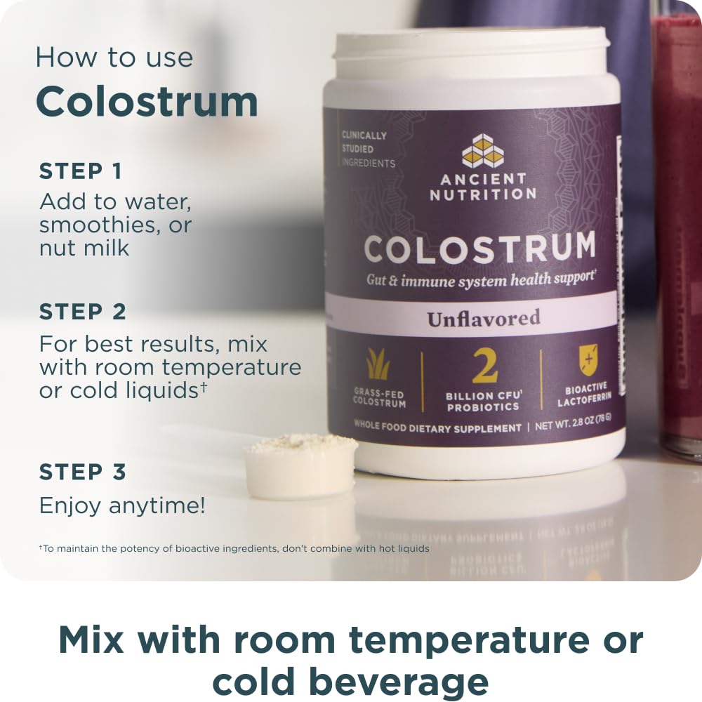 Ancient Nutrition colostrum powder in glass blends into cold drinks.