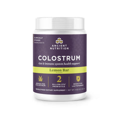 Ancient Nutrition Colostrum powder bottle with lemon bar flavor ready for daily gut wellness.