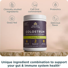 Glass with lemon bar flavored drink using Ancient Nutrition Colostrum Powder for a refreshing daily ritual.