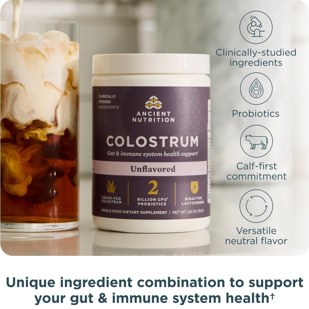 Ancient Nutrition colostrum powder being poured: quick, convenient daily supplement.