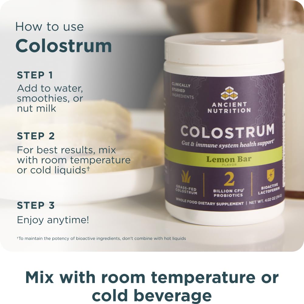 Probiotic and colostrum blend illustration highlighting Bacillus coagulans and lactoferrin.