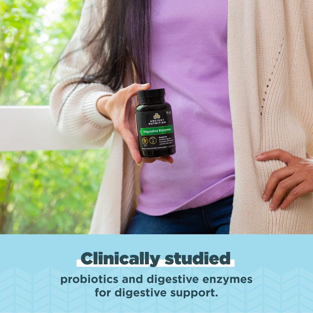 Ancient Nutrition Digestive Enzymes ten-enzyme blend targets digestion of starches, proteins, and fats.