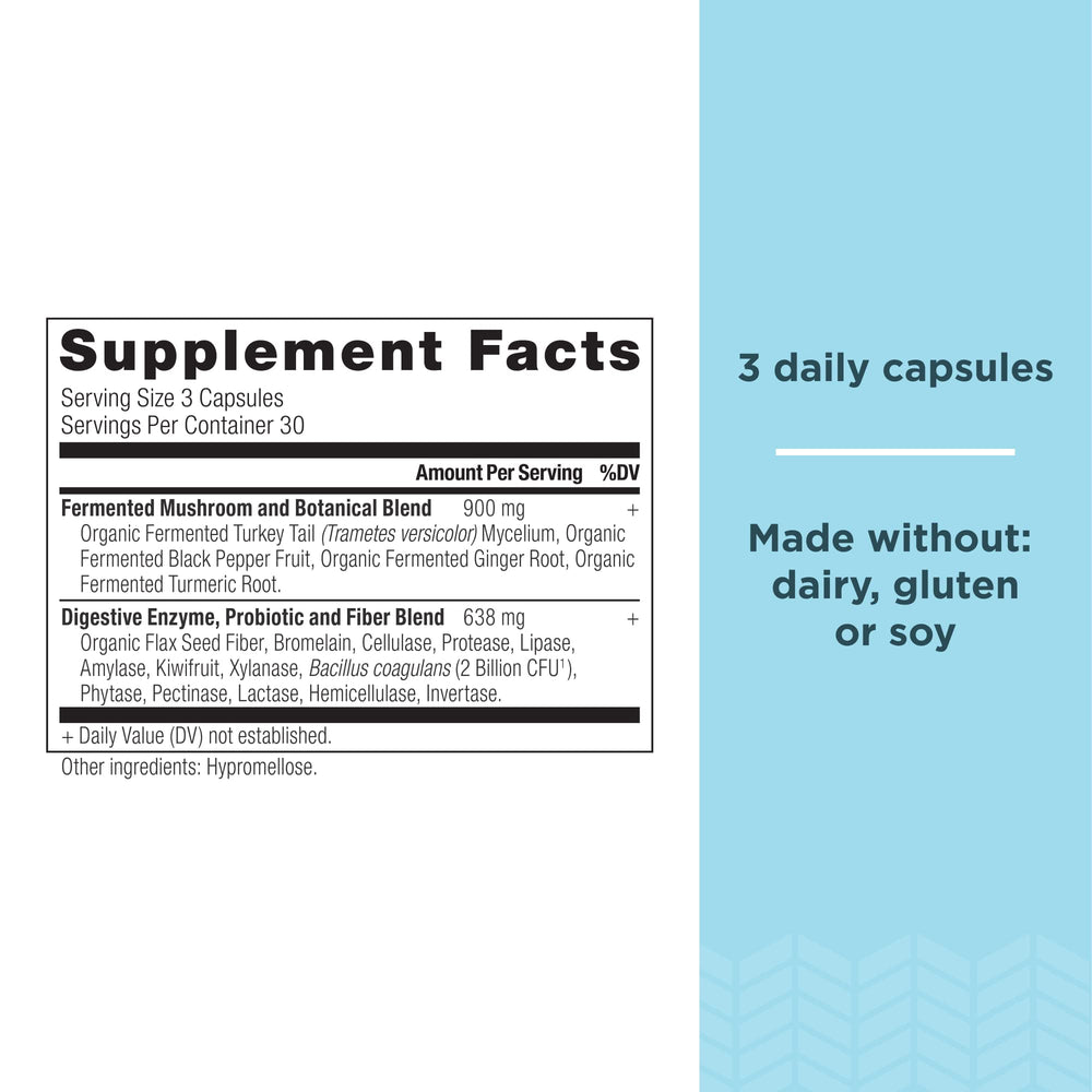 Ancient Nutrition Digestive Enzymes label shows enzyme blend for fats, proteins, carbs.