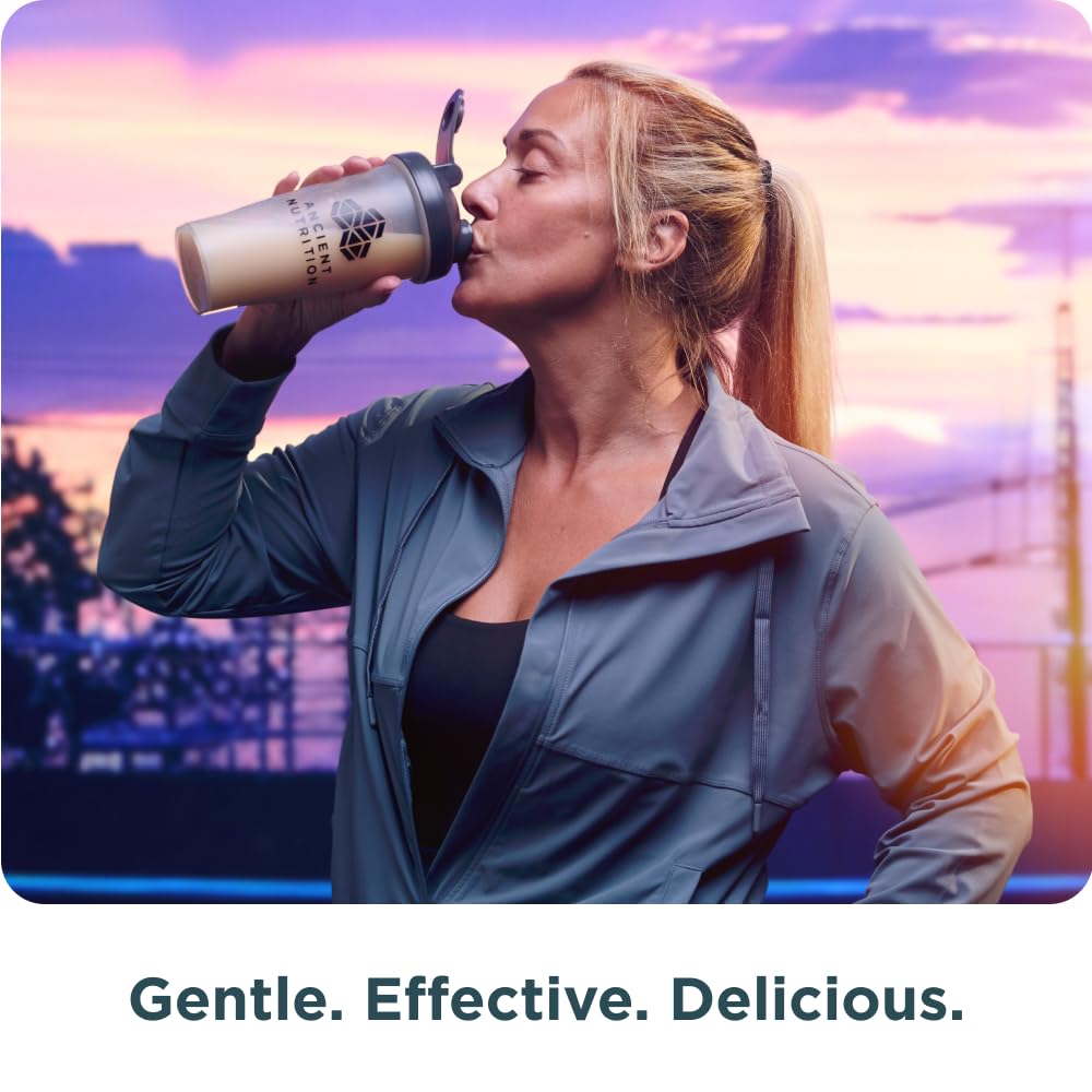 Ancient Nutrition energy-boosting blend in mug suggests a satisfying daily protein ritual.
