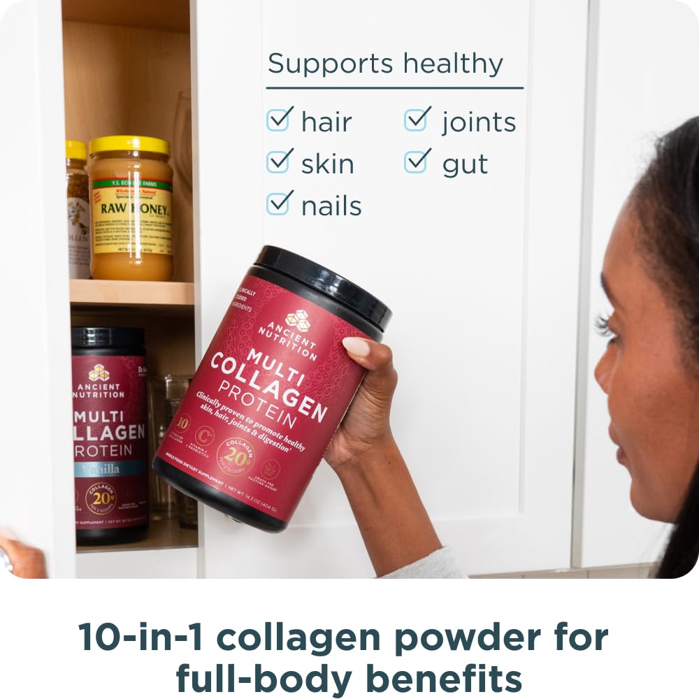 Ancient Nutrition collagen types I-II-III-V-X from four sources.