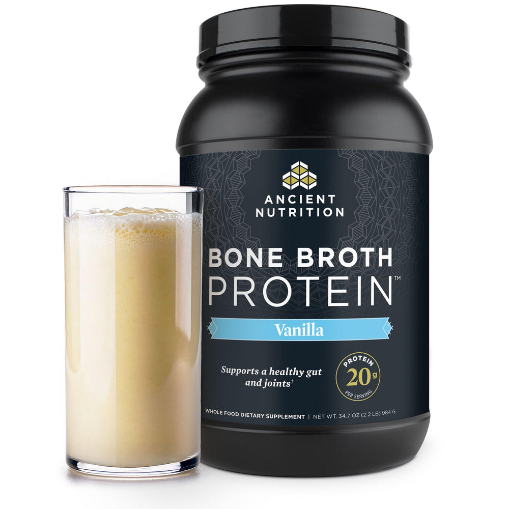 Ancient Nutrition grass-fed bone broth protein powder vanilla jar showing a protein-rich supplement