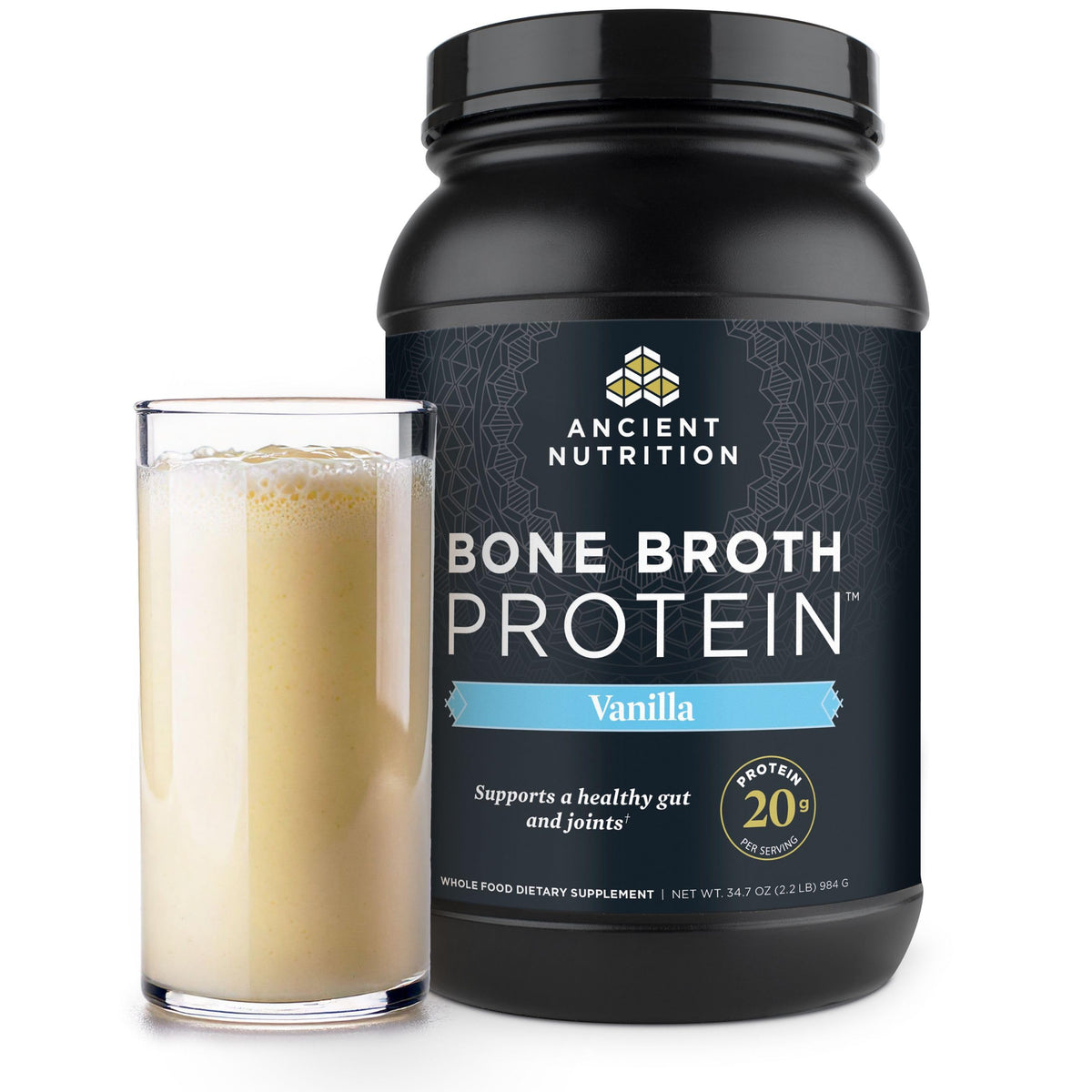 Ancient Nutrition grass-fed bone broth protein powder vanilla jar showing a protein-rich supplement