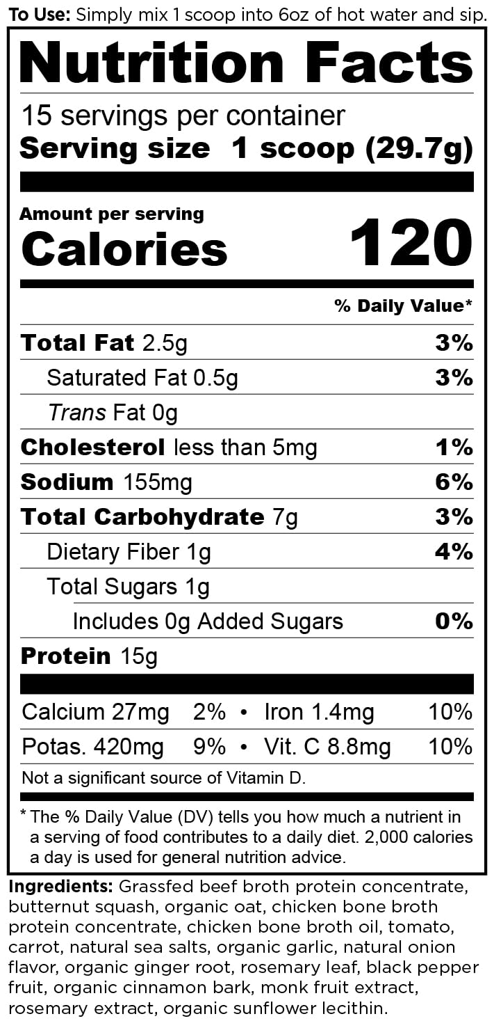 Ancient Nutrition grass-fed chicken bone broth powder tub showing protein blend