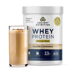 Ancient Nutrition grass-fed whey vanilla cinnamon bottle supports lean muscle with easy daily protein.