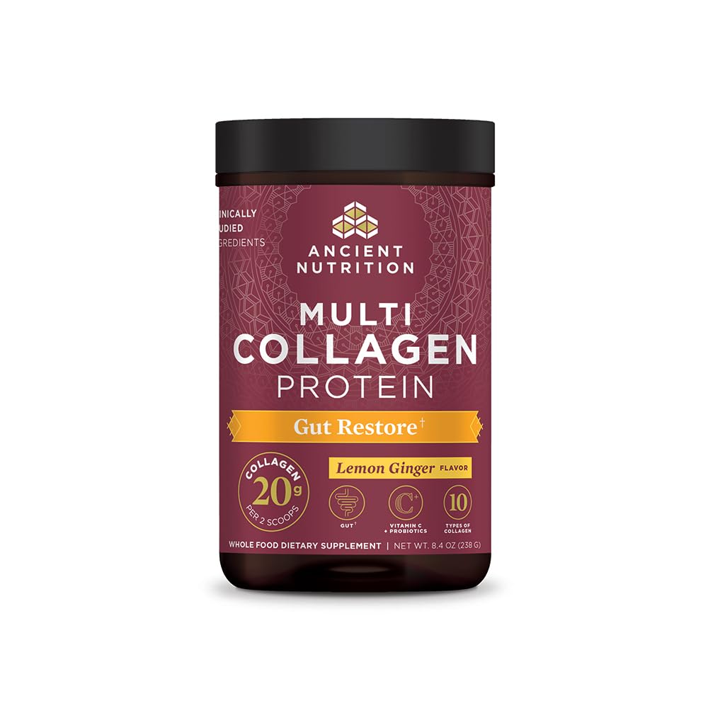 Ancient Nutrition Gut Restore collagen powder tub showing five collagen types for gut support.