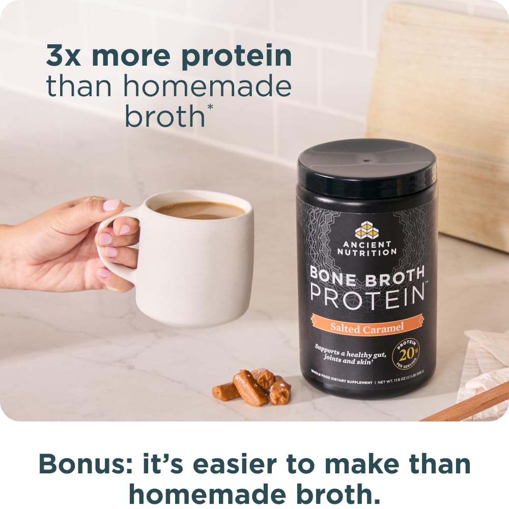 Warm mug ready with Ancient Nutrition bone broth protein in cozy routine.