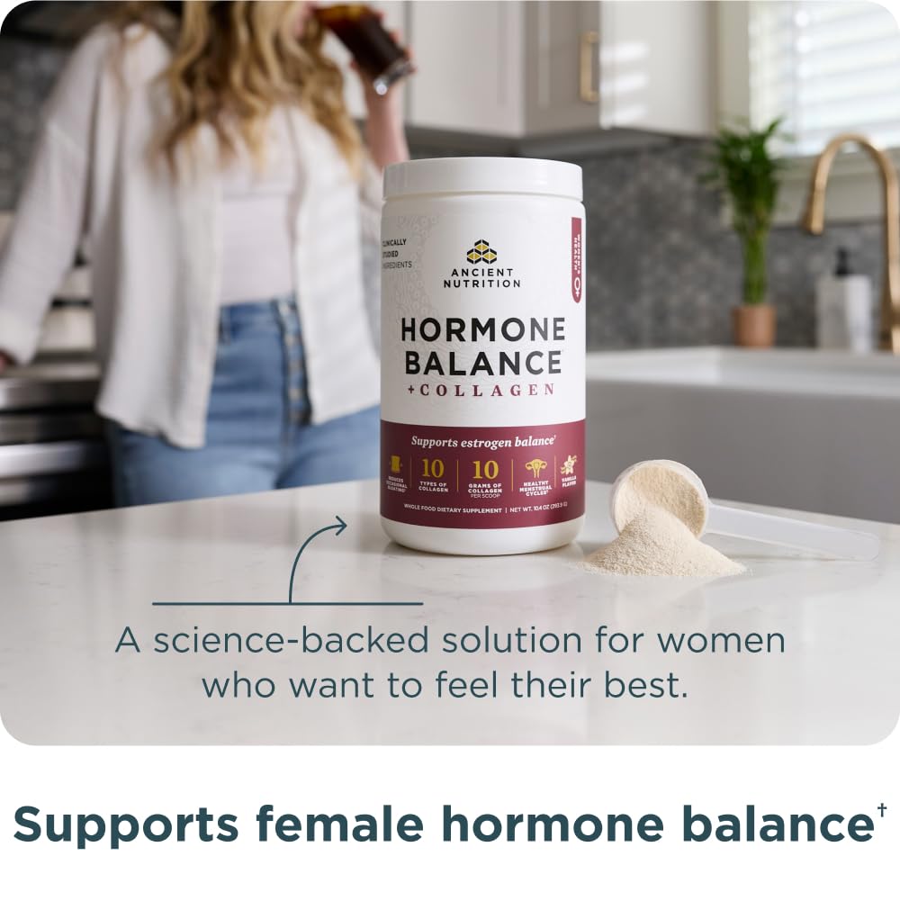 Ancient Nutrition Hormone Balance powder scoop beside tub for quick servings.