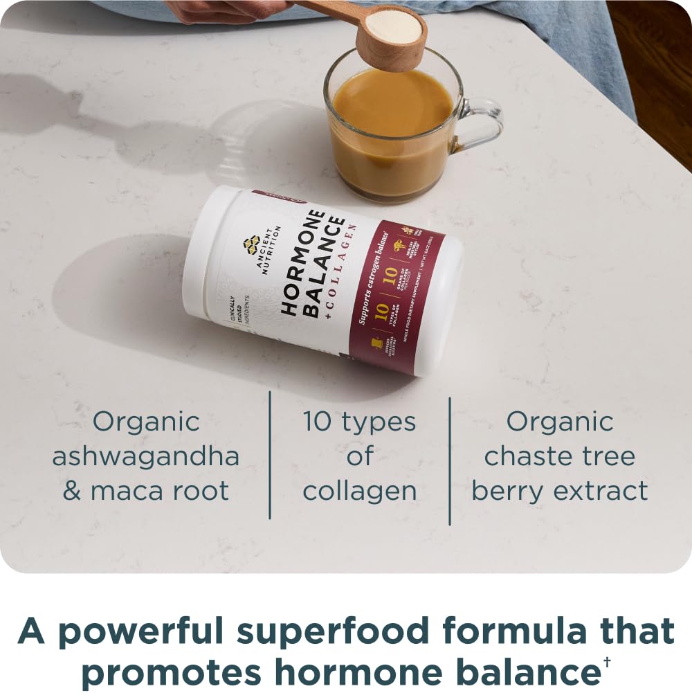 Ancient Nutrition Hormone Balance vanilla label close-up on container.