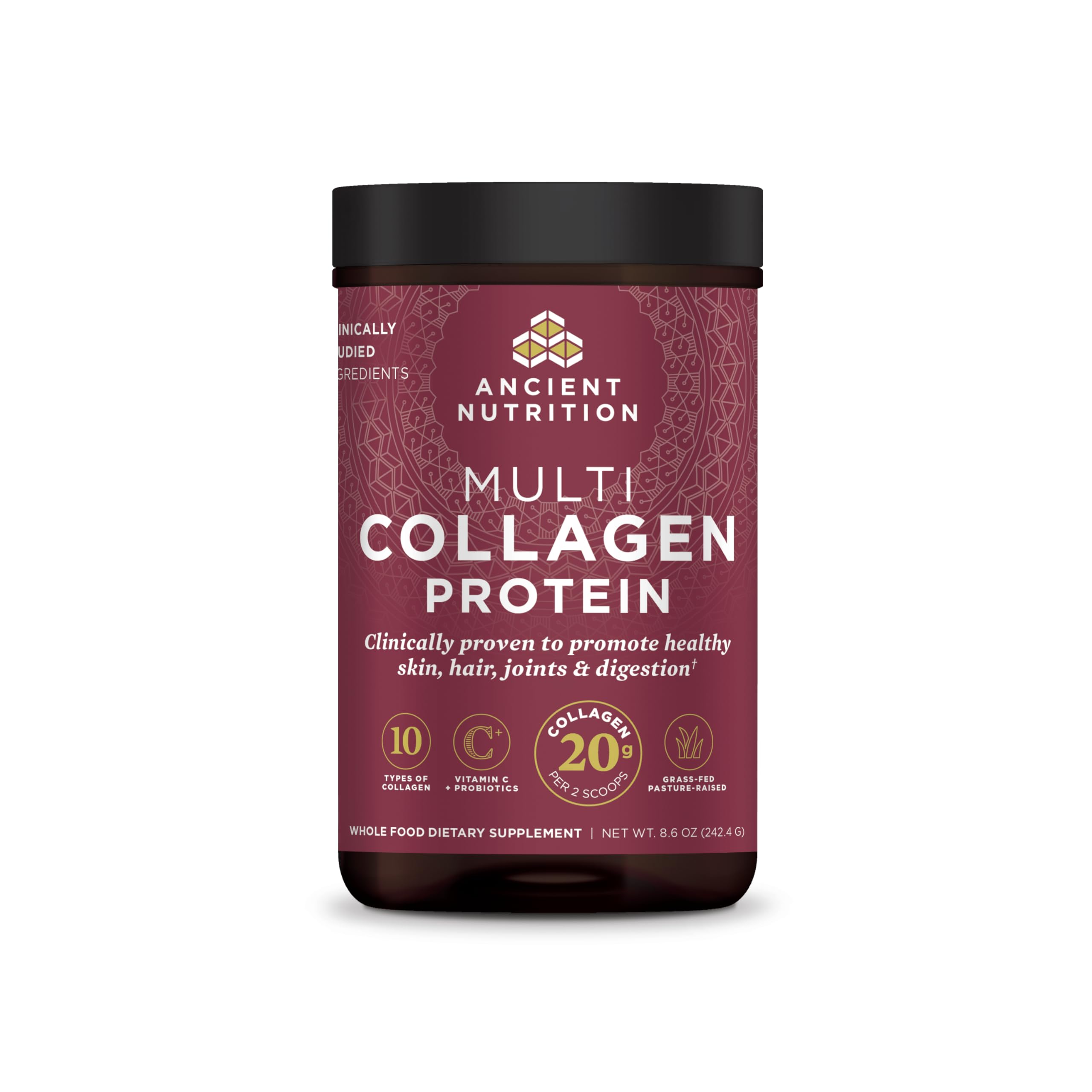 Ancient Nutrition hydrolyzed collagen powder tub—daily skin and gut support.
