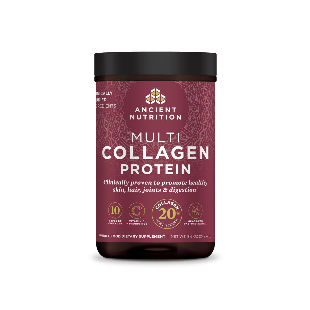 Ancient Nutrition hydrolyzed collagen powder tub—daily skin and gut support.