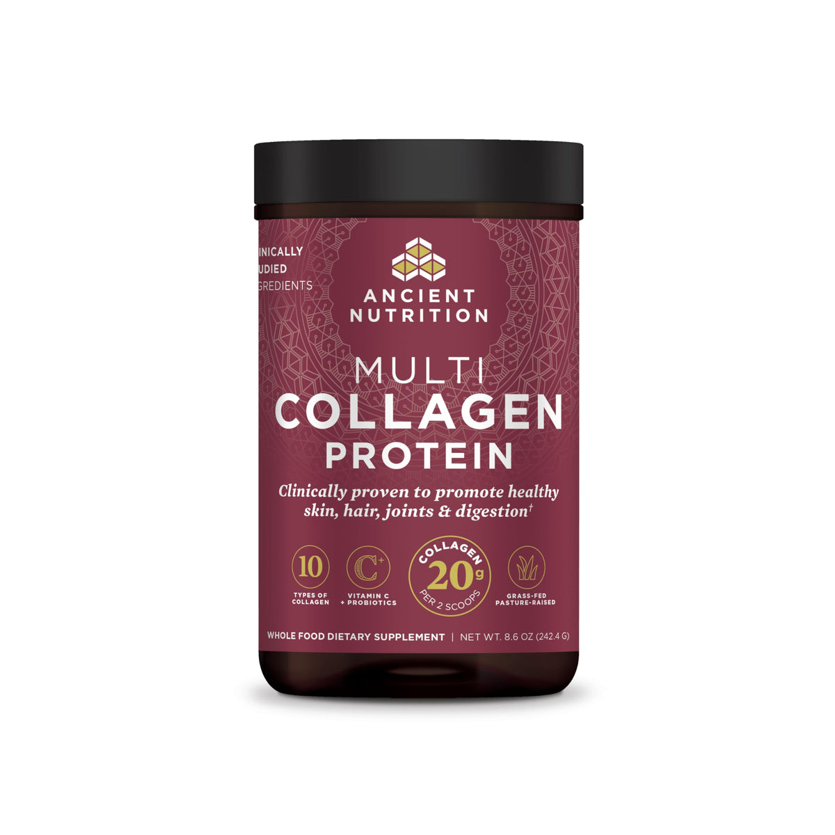 Ancient Nutrition hydrolyzed collagen powder tub—daily skin and gut support.