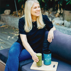 Ancient Nutrition ingredients overlay showcases coconuts, green tea, and adaptogens