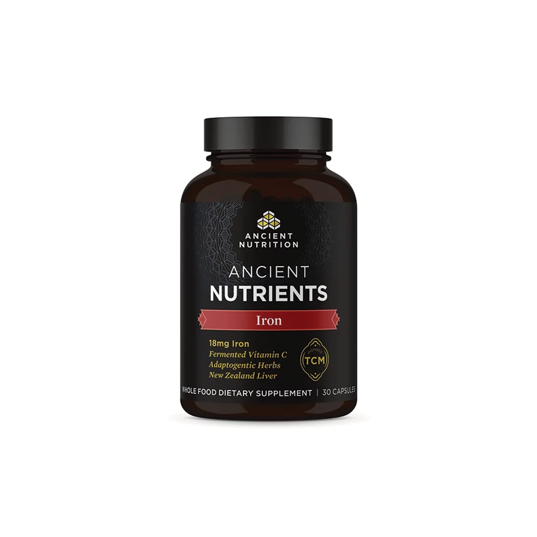 Ancient Nutrition Iron 30ct bottle, easy daily capsules for convenient iron support.