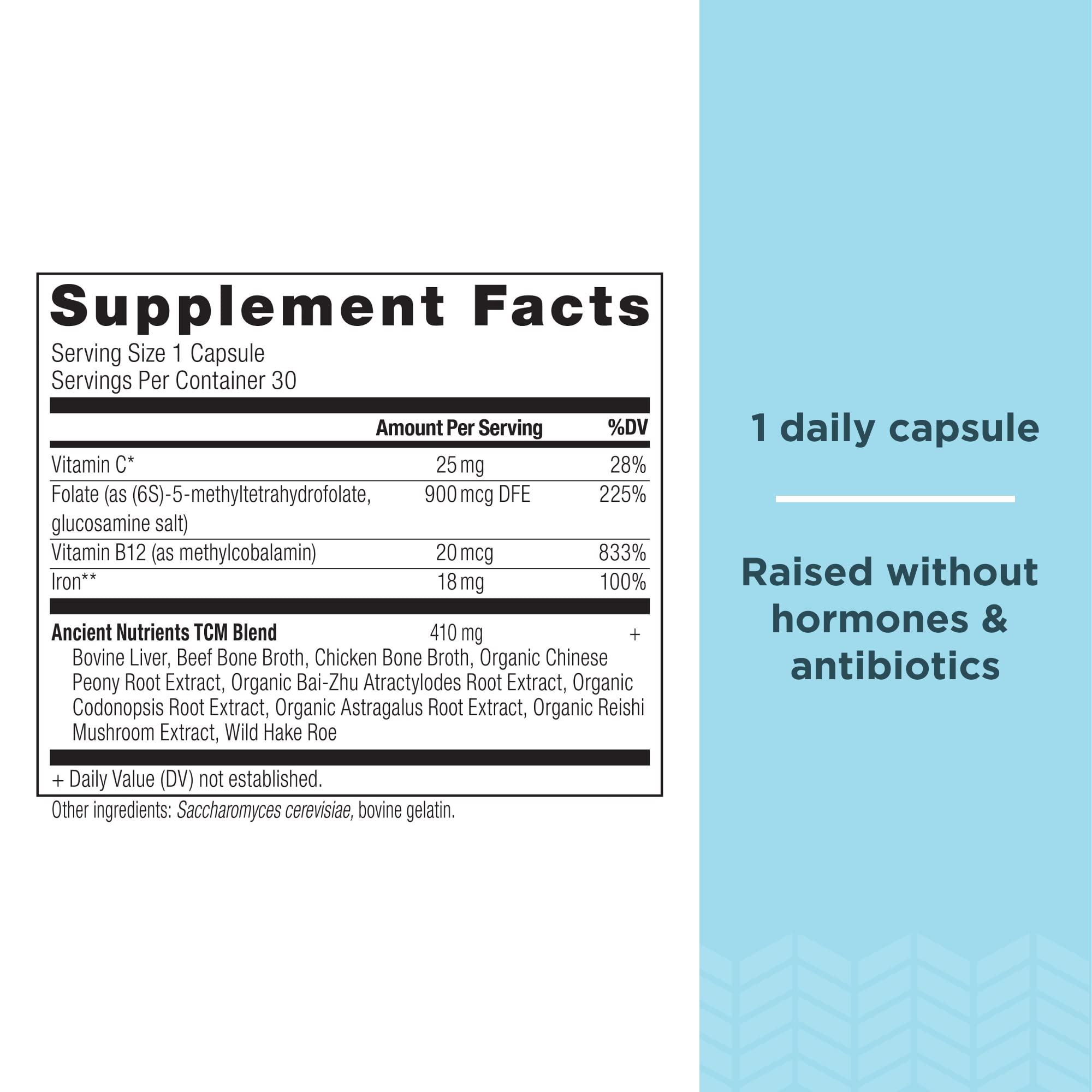 Ancient Nutrition Iron capsules close-up, gentle digestion and real-food nutrients.