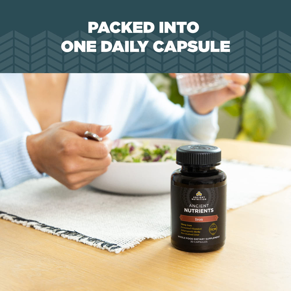 Retail packaging of Ancient Nutrition Iron emphasizing premium, binder-free ingredients.