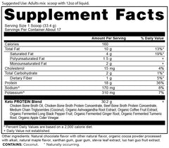 Ancient Nutrition KetoPROTEIN label on tub highlighting keto-friendly ingredients.