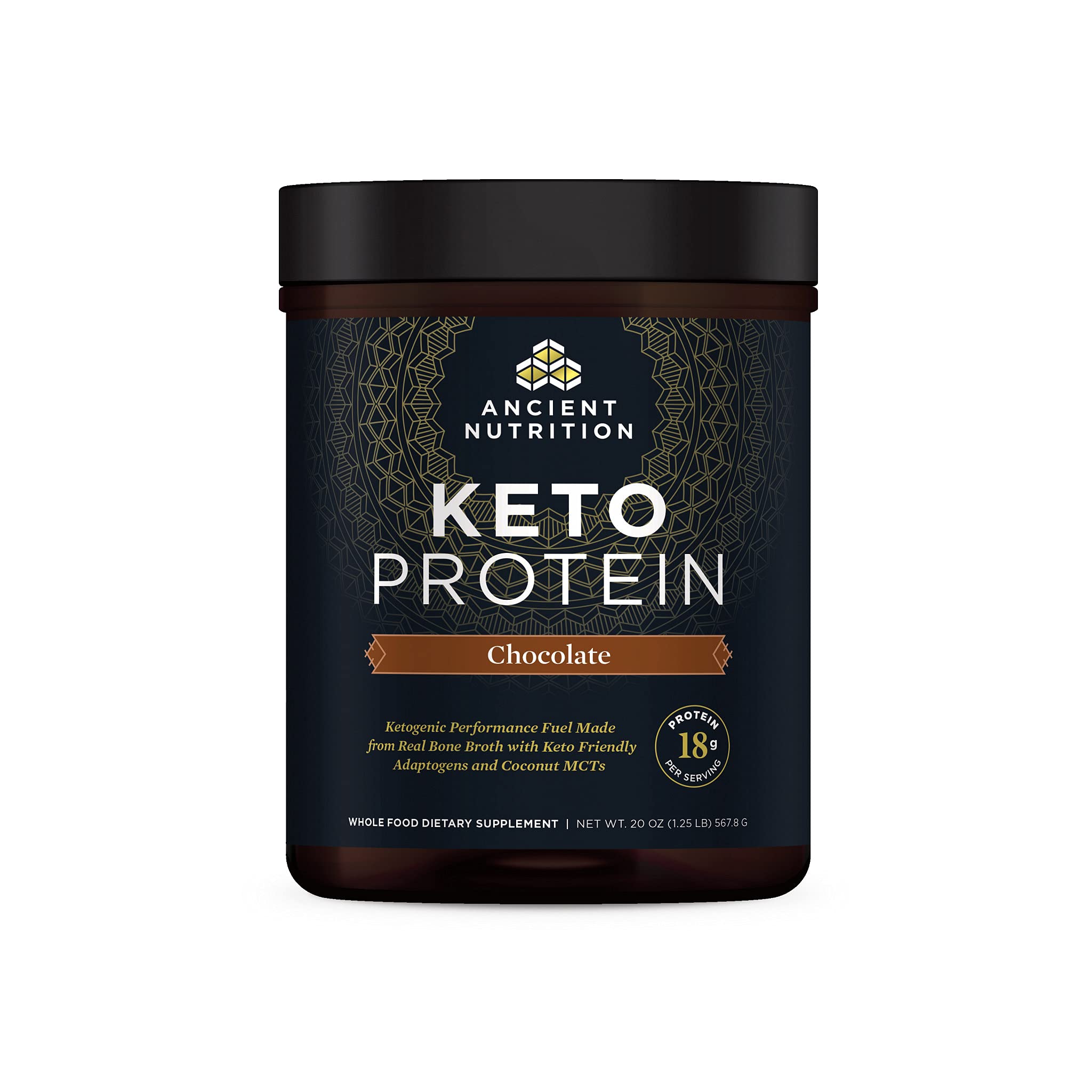 Ancient Nutrition KetoPROTEIN chocolate powder can showing bone broth protein for keto fueling.