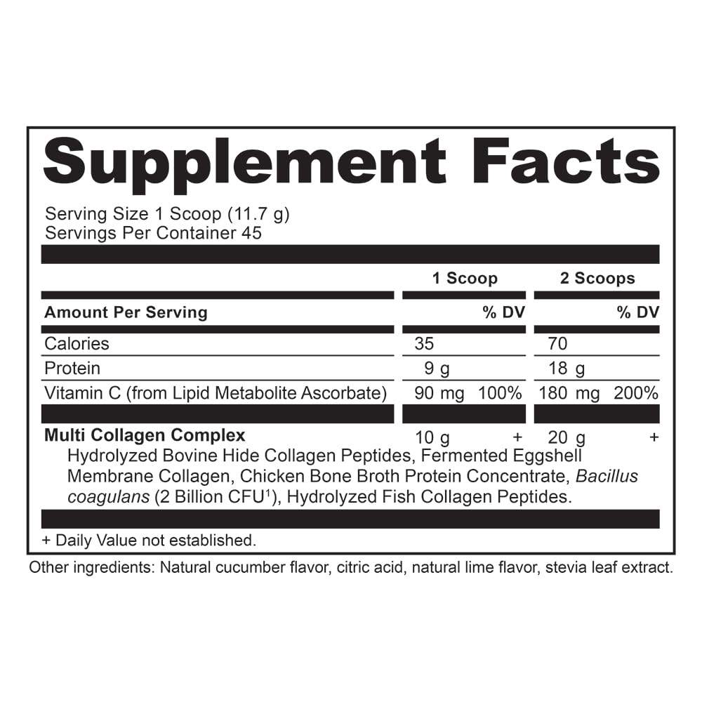 Ancient Nutrition label close-up showing cucumber lime flavor and protein blend