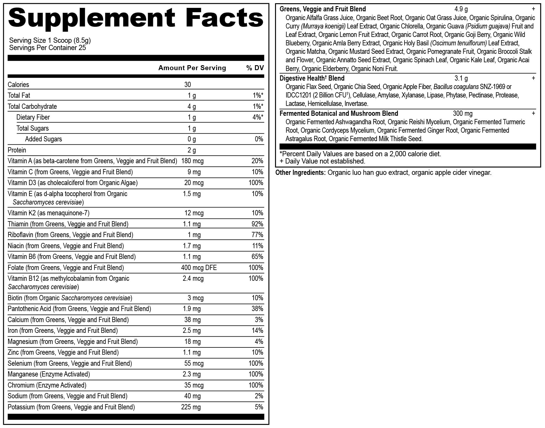 Ancient Nutrition label close-up showing organic greens and vitamin details